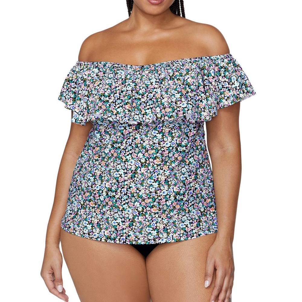 Floral Off-Shoulder Swim Top w/ Removable Straps